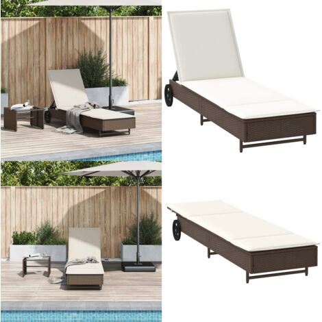 Lettino Prendisole con Ruote e Cuscino in Polyrattan Marrone - Cuscino da seduta - Lettino da giardino