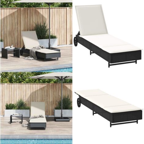 Lettino Prendisole con Ruote e Cuscino in Polyrattan Nero - Cuscino da seduta - Lettino da giardino