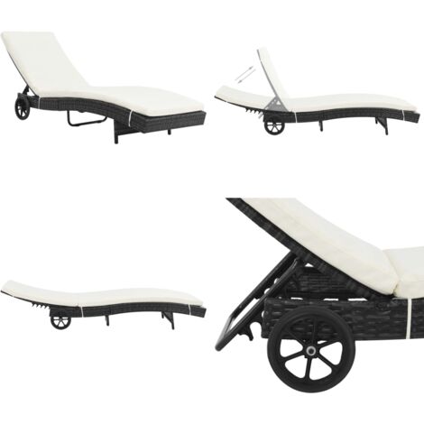 Lettino Prendisole con Ruote e Cuscino in Polyrattan Nero - Lettino da giardino - Lettino con ruote