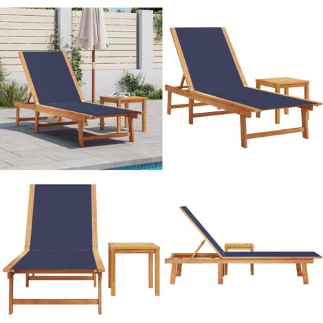 Lettino Prendisole con Tavolo Blu Massello Acacia e Textilene - Tavolo da giardino - Legno acacia