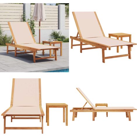 Lettino Prendisole con Tavolo Crema Massello Acacia e Textilene - Tavolo da giardino - Lettino con schienale regolabile