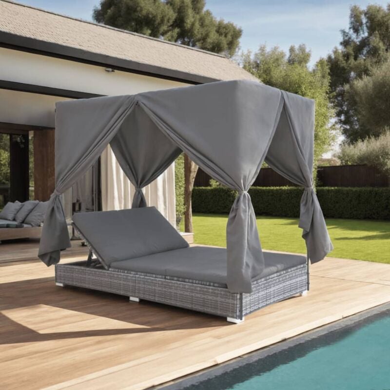 Lettino Prendisole, Sdraio da giardino con Tende in Polyrattan Grigio Vidaxl