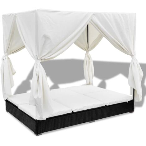 Lettino Prendisole con Tende in Polyrattan Nero vidaXL