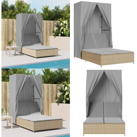 Lettino Prendisole con Tetto e Tende Beige in Polyrattan - Lettino da esterno - Lettino con tetto