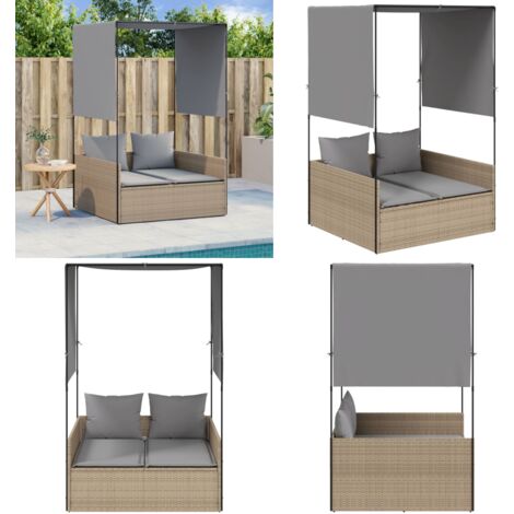 Lettino Prendisole con Tetto e Tende Beige in Polyrattan - Lettino da giardino - Lettino con tetto