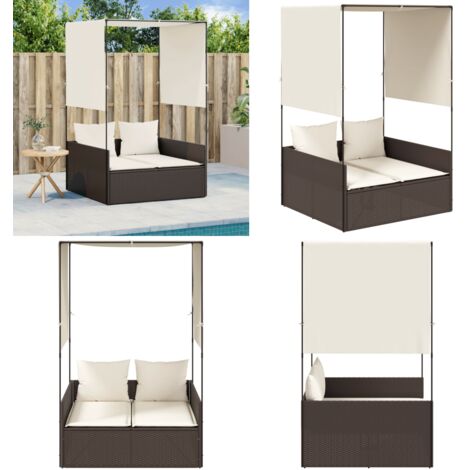 Lettino Prendisole con Tetto e Tende Marrone in Polyrattan - Lettino doppio - Tenda esterna