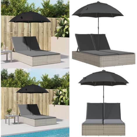 Lettino Prendisole Cuscini e Parasole Grigio Chiaro Polyrattan - Ombrellone - Cuscini