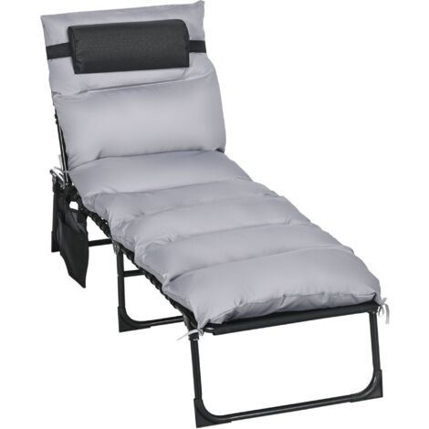 Lettino Prendisole da Giardino Pieghevole 58x189x32,5 cm con Cuscino e Tasca Laterale Grigio Chiaro