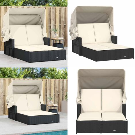 Lettino Prendisole Doppio Baldacchino e Cuscini Nero Polyrattan - Cuscini per seduta - Baldacchino rimovibile
