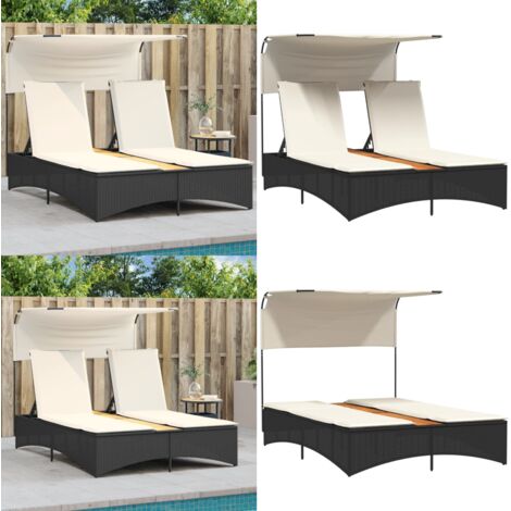 Lettino Prendisole Doppio Baldacchino e Cuscini Nero Polyrattan - Cuscini per seduta - Lettino da esterno