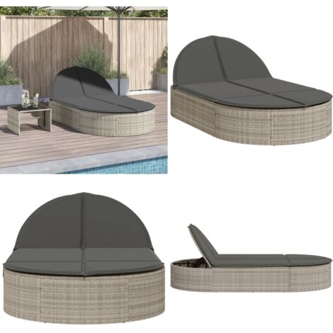 Lettino Prendisole Doppio con Cuscini Grigio Chiaro Polyrattan - Cuscini per seduta - Lettino da giardino