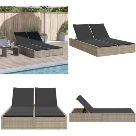 Lettino Prendisole Doppio con Cuscini Grigio Chiaro Polyrattan - Cuscino sfoderabile - Rattan PE