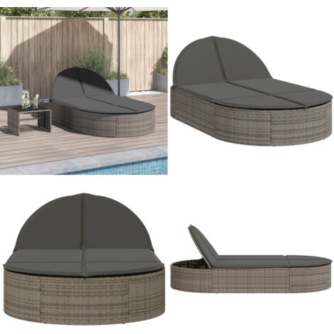 Lettino Prendisole Doppio con Cuscini Grigio in Polyrattan - Cuscini per seduta - Lettino da giardino