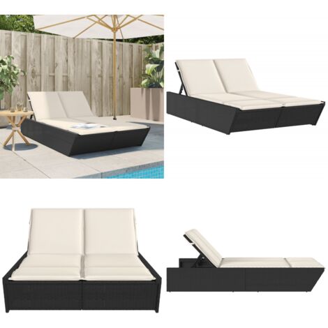 Lettino Prendisole Doppio con Cuscini Nero in Polyrattan - Cuscini per seduta - Lettino da giardino