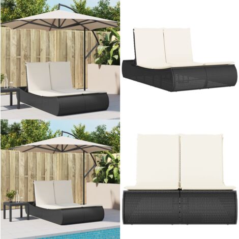 Lettino Prendisole Doppio con Cuscini Nero in Polyrattan - Cuscini per seduta - Rattan PE