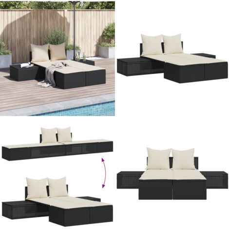 Lettino Prendisole Doppio con Cuscini Nero in Polyrattan - Cuscino per seduta - Cuscino per schienale