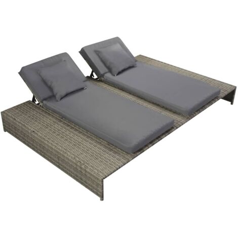 Lettino Prendisole Doppio con Cuscino in Polyrattan Grigio vidaXL