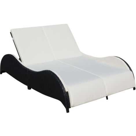 Lettino Prendisole Doppio con Cuscino in Polyrattan Nero