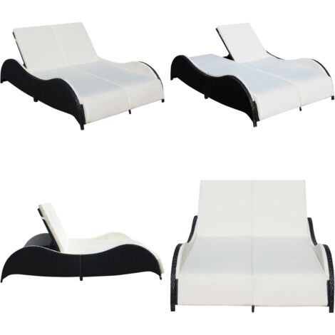 Lettino Prendisole Doppio con Cuscino in Polyrattan Nero - Sedia a sdraio in rattan - Cuscino in poliestere