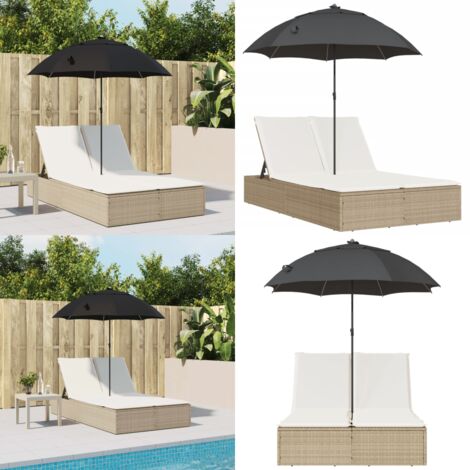 Lettino Prendisole Doppio Cuscini e Parasole Beige Polyrattan - Ombrellone - Cuscini