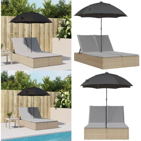 Lettino Prendisole Doppio Cuscini e Parasole Beige Polyrattan - Ombrellone - Cuscini