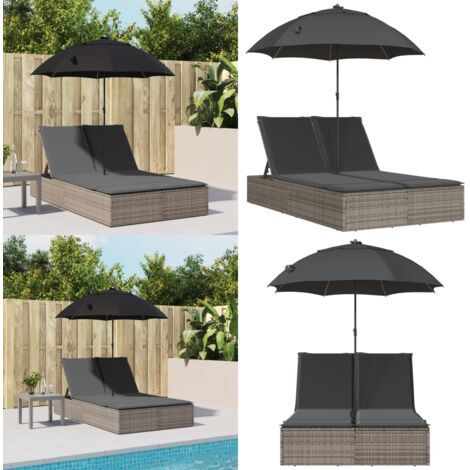 Lettino Prendisole Doppio Cuscini e Parasole Grigio Polyrattan - Ombrellone - Cuscini