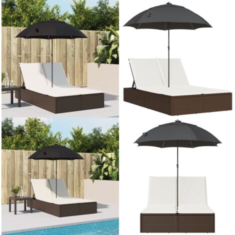 Lettino Prendisole Doppio Cuscini e Parasole Marrone Polyrattan - Ombrellone - Cuscini