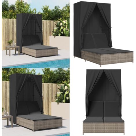 Lettino Prendisole Doppio Tetto e Tende Grigio in Polyrattan - Lettino esterno - Tenda e tetto
