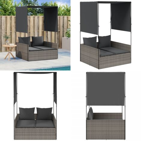 Lettino Prendisole Doppio Tetto e Tende Grigio in Polyrattan - Tenda e tetto - Polyrattan