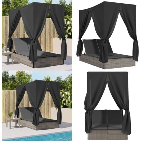 Lettino Prendisole Doppio Tetto e Tende Grigio in Polyrattan - Tenda - Tetto