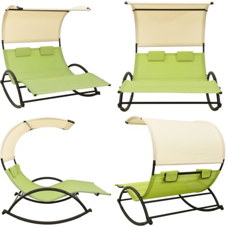 Lettino Prendisole Doppio Tetto in Textilene Verde e Crema - Lettino doppio - Lettino con baldacchino