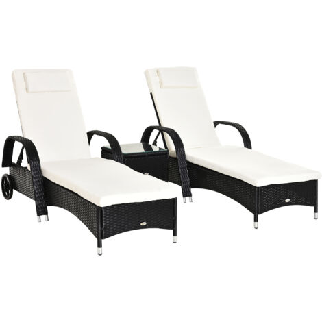 Lettino prendisole e tavolo da giardino, set di 3 pezzi per arredamento da giardino, polyrattan + metallo nero + bianco crema