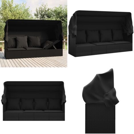 Lettino Prendisole Esterno con Tetto e Cuscini Nero Polyrattan - Lettino prendisole - Cuscini esterni