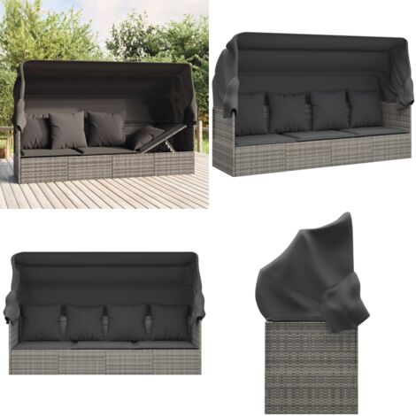 Lettino Prendisole Esterno Tetto e Cuscini Grigio Polyrattan - Lettino prendisole - Cuscini