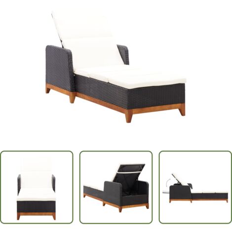Lettino prendisole -  Lettino Prendisole Polyrattan e Legno Massello di Acacia Nero