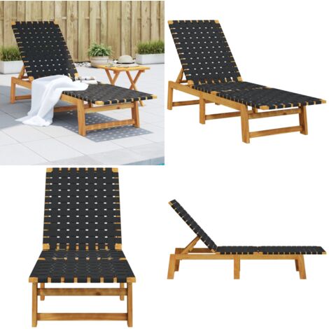 Lettino Prendisole Nero in Legno Massello di Acacia e Tessuto - Lettino da piscina - Lettino in legno