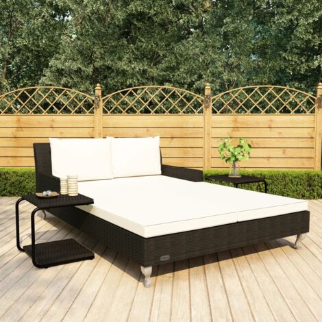 Lettino Prendisole per 2 Persone con Cuscini in Polyrattan Nero vidaXL