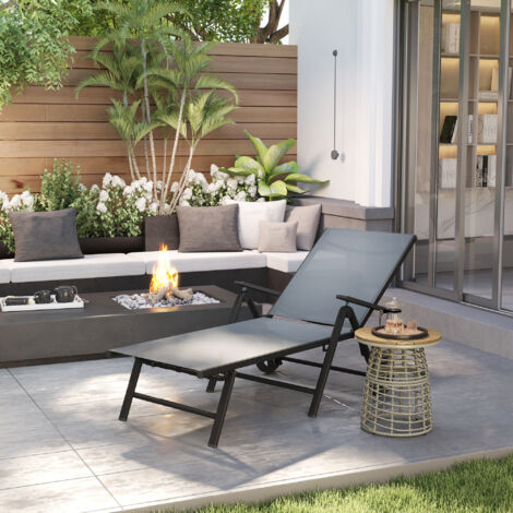 Lettino Prendisole Pieghevole con Ruote e Schienale Regolabile su 5 Livelli, Sdraio da Giardino con Seduta Traspirante in Textilene 550g/m², per Spiaggia Piscina Giardino, 72x158x84cm, Grigio