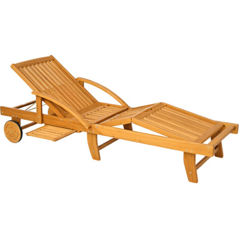 Lettino prendisole pieghevole in legno, lettino da giardino con tavolino laterale, ruote, schienale regolabile in 4 posizioni, teak