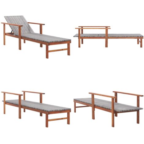 Lettino Prendisole Polyrattan e Legno Massello di Acacia Grigio - Rattan PE - Legno di acacia