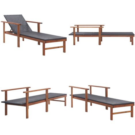 Lettino Prendisole Polyrattan e Legno Massello di Acacia Nero - Rattan PE - Legno di acacia