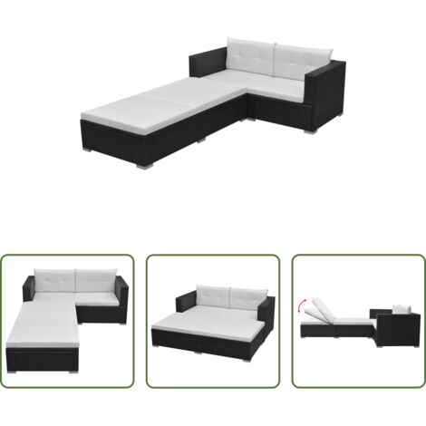 Lettino prendisole -  Set Divani da Giardino 3 pz con Cuscini in Polyrattan Nero