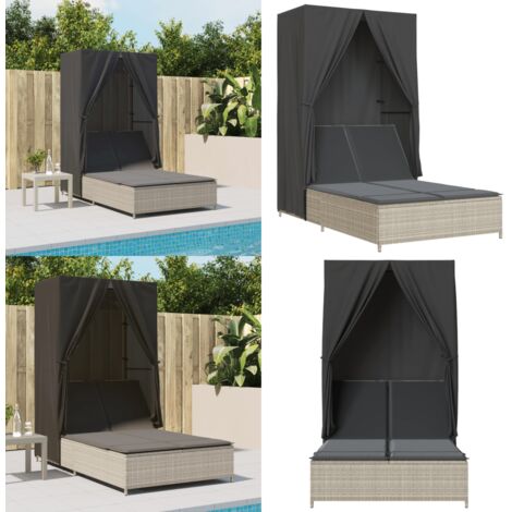 Lettino Prendisole Tetto e Tende Grigio Chiaro in Polyrattan - Lettino da esterno - Lettino doppio