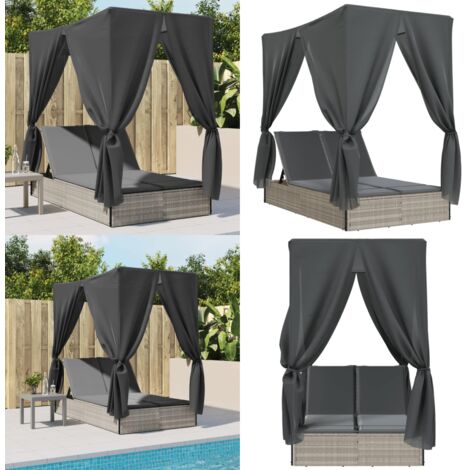 Lettino Prendisole Tetto e Tende Grigio Chiaro in Polyrattan - Lettino esterno - Lettino doppio