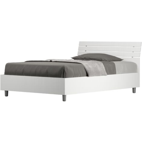 Letto 1 Piazza e Mezzo 120x200 cm con Rete e Contenitore Testata Doghe Inclinata Ankel Bianco Frassino