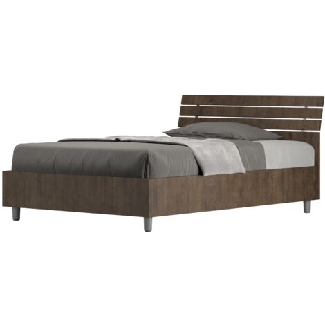 Letto 1 Piazza e Mezzo 120x200 cm con Rete e Contenitore Testata Doghe Inclinata Ankel Noce