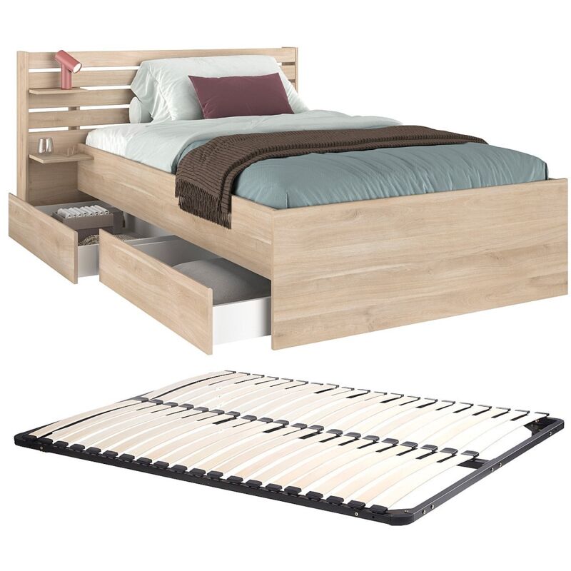 Letto 120 X 190 Cm Con Vani Portaoggetti Naturale Rete Tenalia