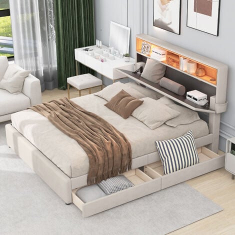 Letto 140 x 200 cm con 2 cassetti, letto per adulti a LED, letto imbottito beige con testiera contenitore con ricarica USB