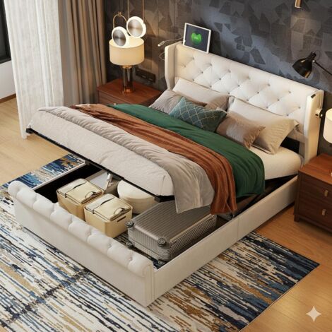 Letto 140x190 cm - Letto contenitore 140 e rete - Testiera imbottita con luci di lettura USB integrate e caricatore - Velluto beige
