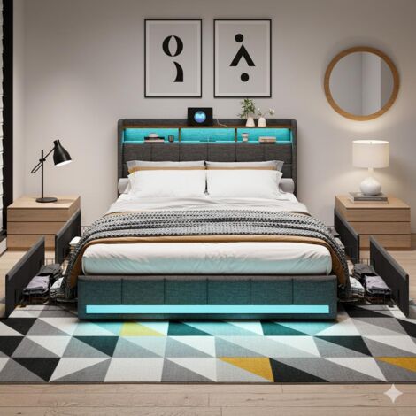 Letto 140x190 cm - Letto matrimoniale e rete - Testiera con 4 cassetti metallici, caricatore (2 USB + 1 Type-C) - Tessuto in lino grigio